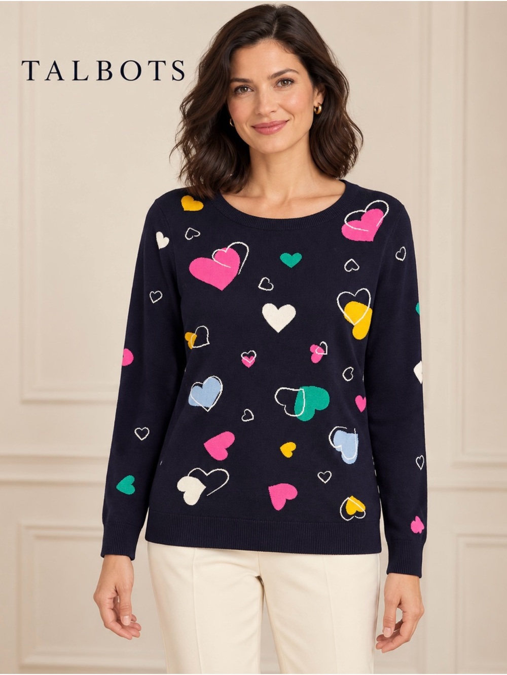 Talbots Women’s Navy Crewneck Sweater with Multicolor Heart Print Size Medium